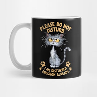 A whimsical cartoon drawing of a disheveled cat, with its fur sticking out in all directions and large yellow eyes showing irritation. (13) Mug